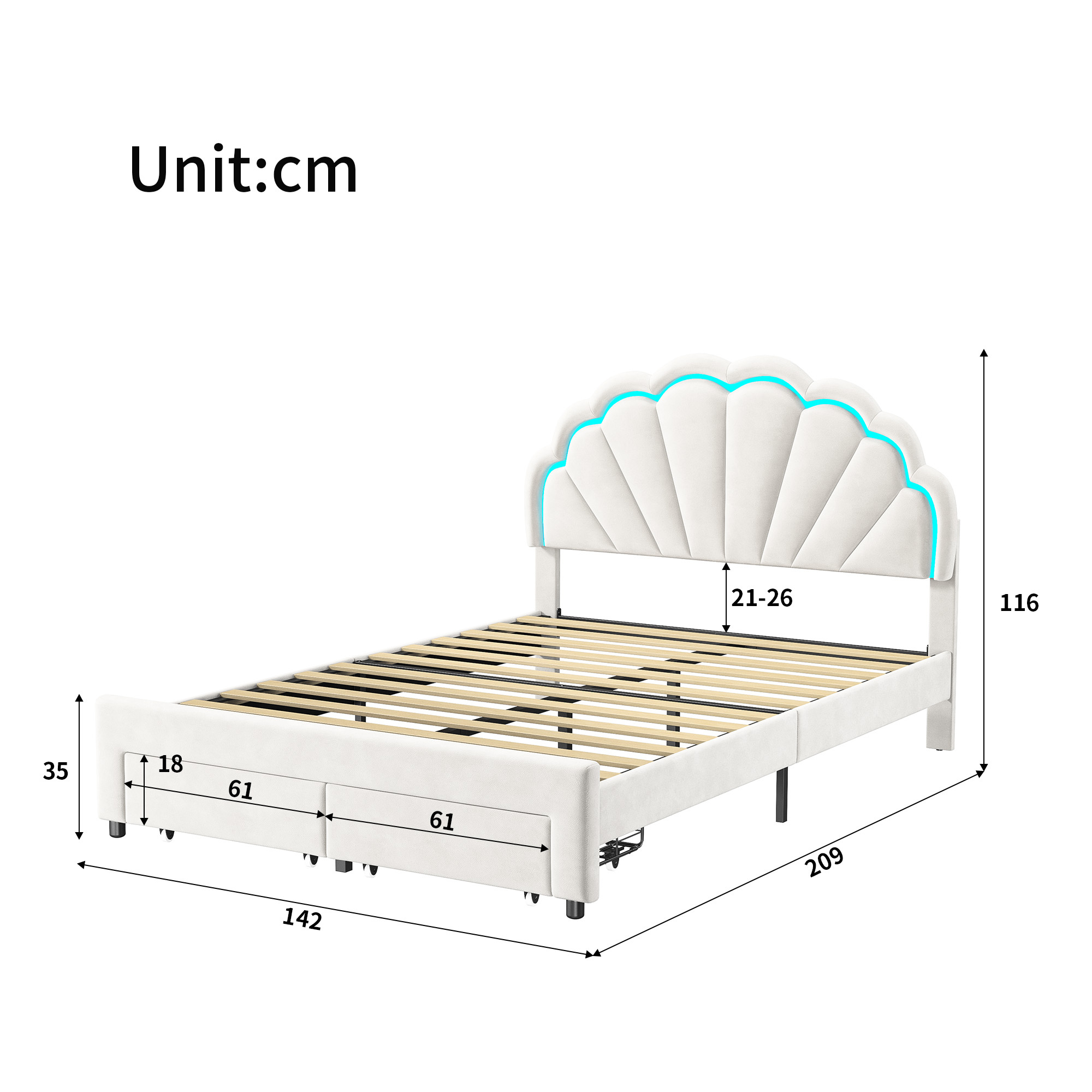 Cama infantil tapizada de 140 x 200 cm, estructura de cama con cabecero en forma de flor y somier de láminas, para niña adolescente, sin colchón