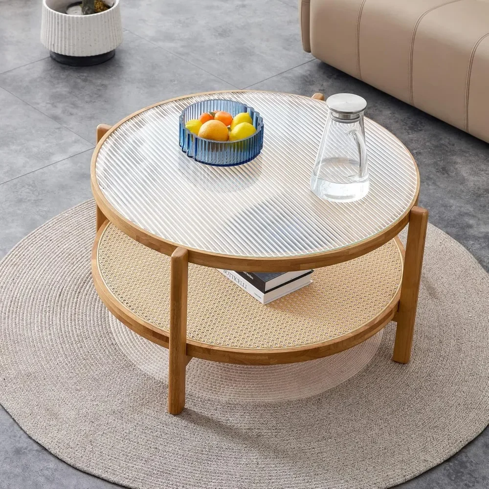 Moderner runder Couchtisch mit Stauraum, kleiner Rattan-Couchtisch mit Glasplatte, Teetisch mit 2-stufigem Ablagefach für