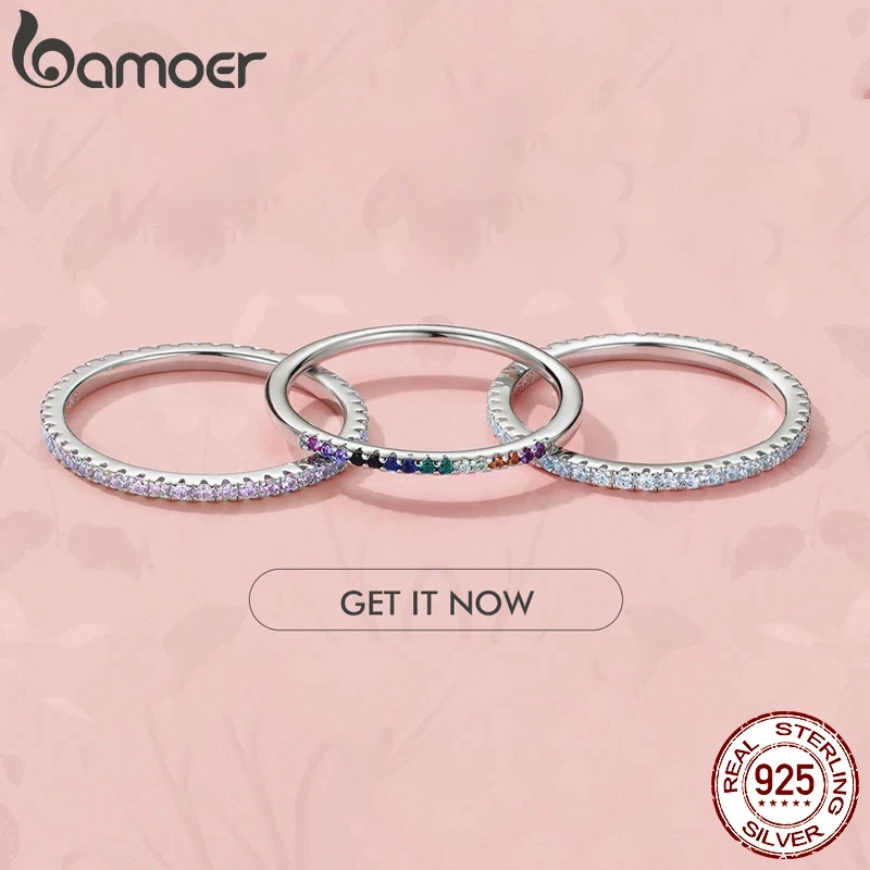 BAMOER 925 bagues empilables en argent sterling entièrement pavées de diamants simulés, bandes d'éternité de fiançailles plaquées or pour femmes colorées CZ
