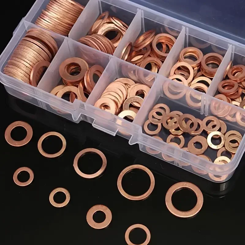100 piezas de arandelas, arandelas, tuercas y pernos de cobre, con caja M4/M5/M6/M8/M10/M12/M14 Kit de combinación de sellos para tapones de cárter de aceite