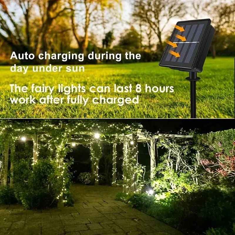 1 Set di filo di rame impermeabile a 8 modalità per esterni con stringa di luce solare, luce da fiaba, luce natalizia, utilizzata per il giardino all'aperto