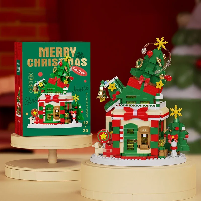 Natal Micro Building Block Series para crianças, Papai Noel, rena, quebra-cabeça, montagem de tijolos, brinquedos de decoração de mesa