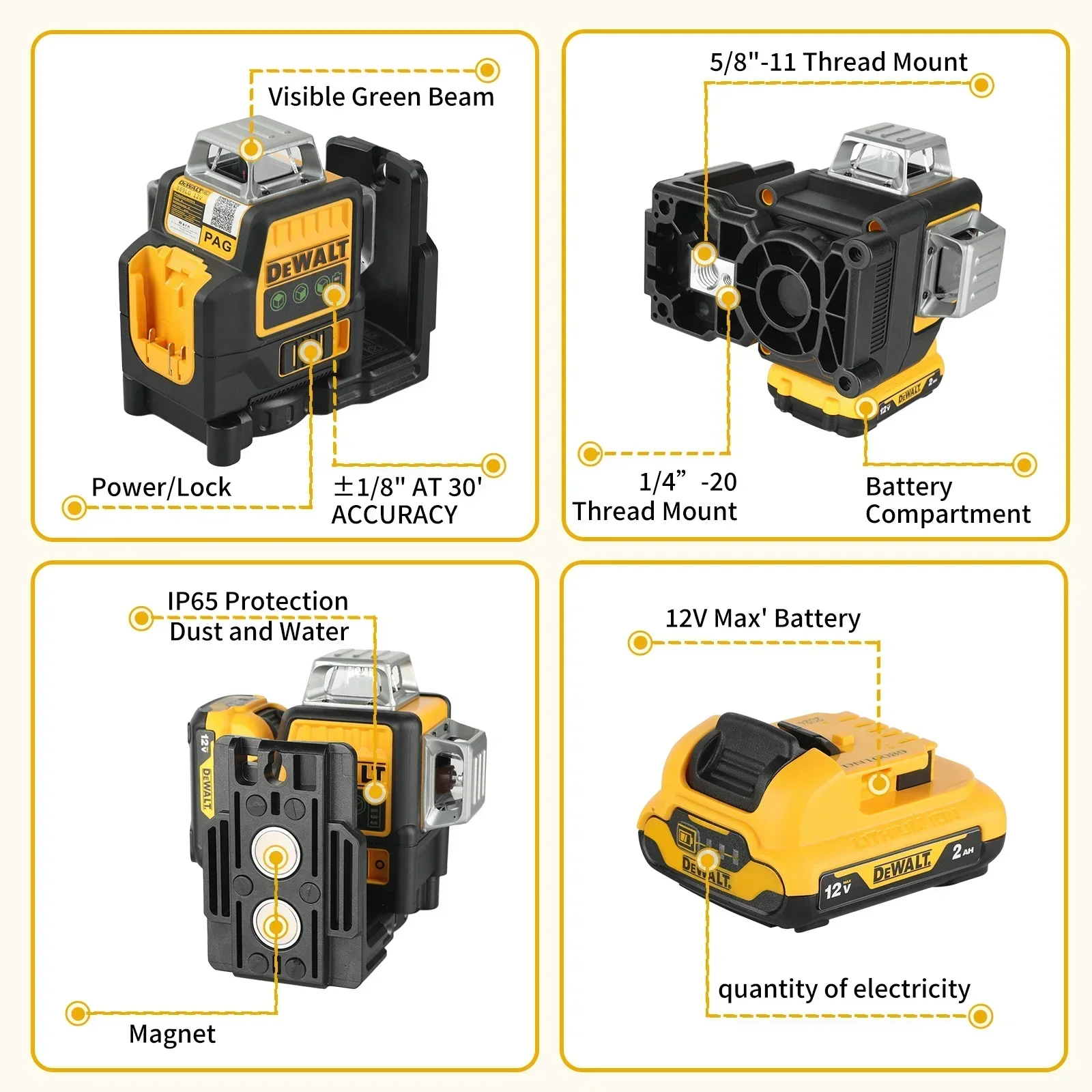 2025 Dewalt DW089LG 12 lignes 3 côtés * 360 degrés Vertical 12V batterie au Lithium niveau Laser compteur vert horizontal extérieur