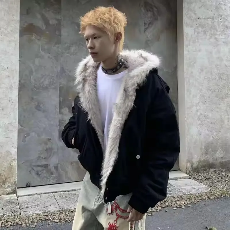 Inverno roupas quentes das mulheres dos homens retro simples casaco de pelúcia roupas esportivas novo solto com capuz jaqueta de algodão punk gola de pele casal