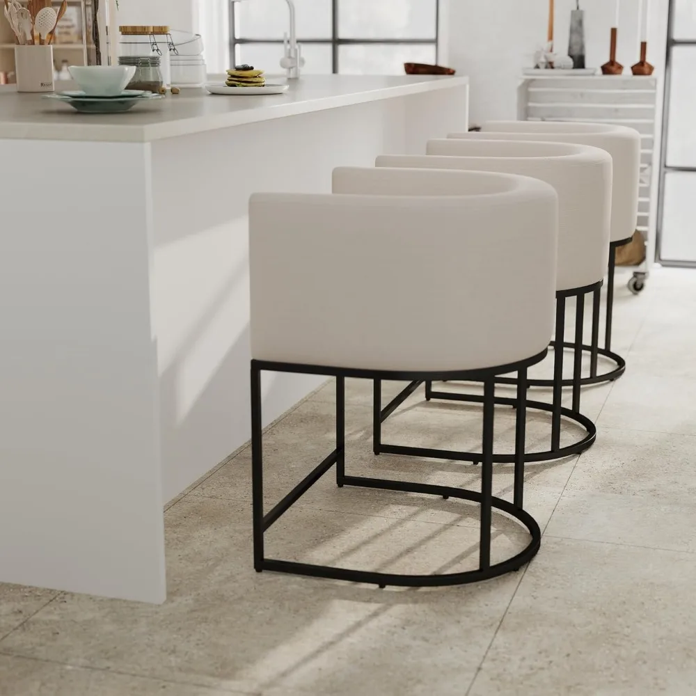 Contemporary Cream Linen Bar Stools Set of 3, 24" Upholstered Fabric Counter Height Barstools Kitchen Counter Island Stools with
