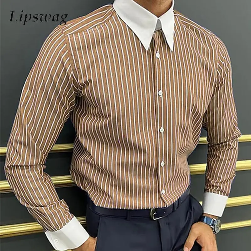 2025 Spring Autumn Mens Casual Shirts Long Sleeve Buttoned Turn-down Collar Patchwork Shirt For Men Vintage Striped Print Shirts