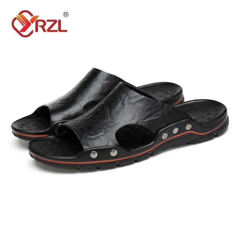 YRZL Herren-Sandalen, PU-Leder, klassische Sommer-Herren-Hausschuhe, weiche schwarze Hausschuhe, große Hausschuhe, leichte EVA-Slides für Herren