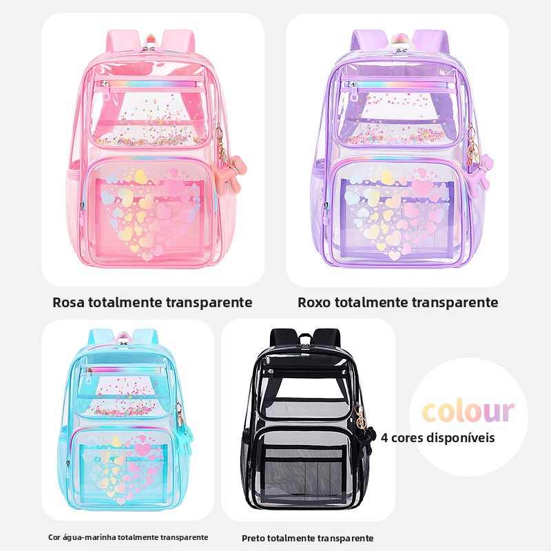 Mochila Transparente Estilosa com Estampa de Desenho Animado para Als do Ensino Fundamental e Médio, Mochila de Ombro Dupl...