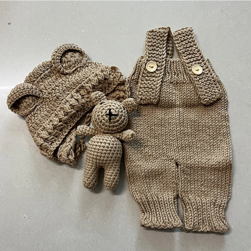 ฮาโลวีน Oufits การถ่ายภาพเด็กเสื้อผ้าถักด้วยมือ Suspender Jumpsuit และหมวกหมีตุ๊กตาหมีตุ๊กตาหมีตุ๊กตาตกแต่งถ่ายภาพ Props