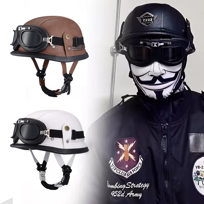 Factory Price Motorcycle German Style Leather Half Face Helmet DOT Approved Cap1/2 Shell Helmets+Goggles Open-Face Casque