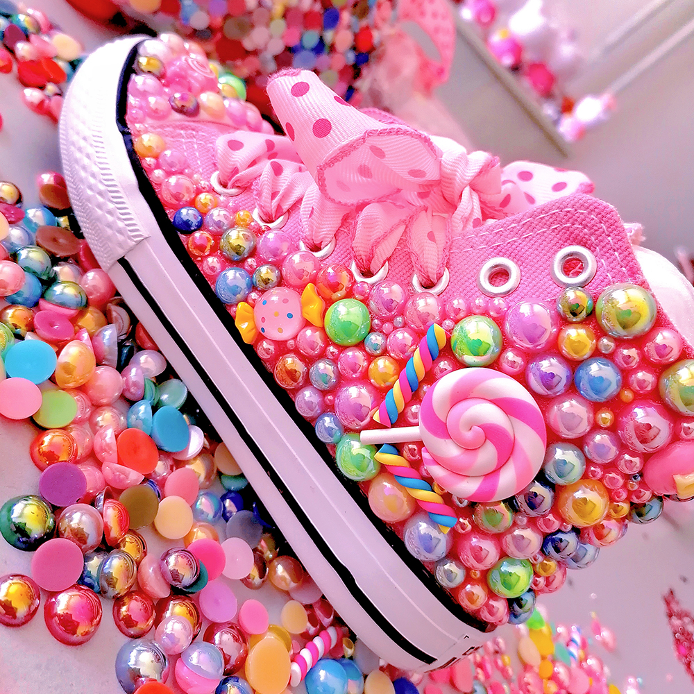 Strass feitos à mão bling meninas das mulheres crianças e mãe doces sapatos de lona pérolas tênis para menina festa aniversário casamento