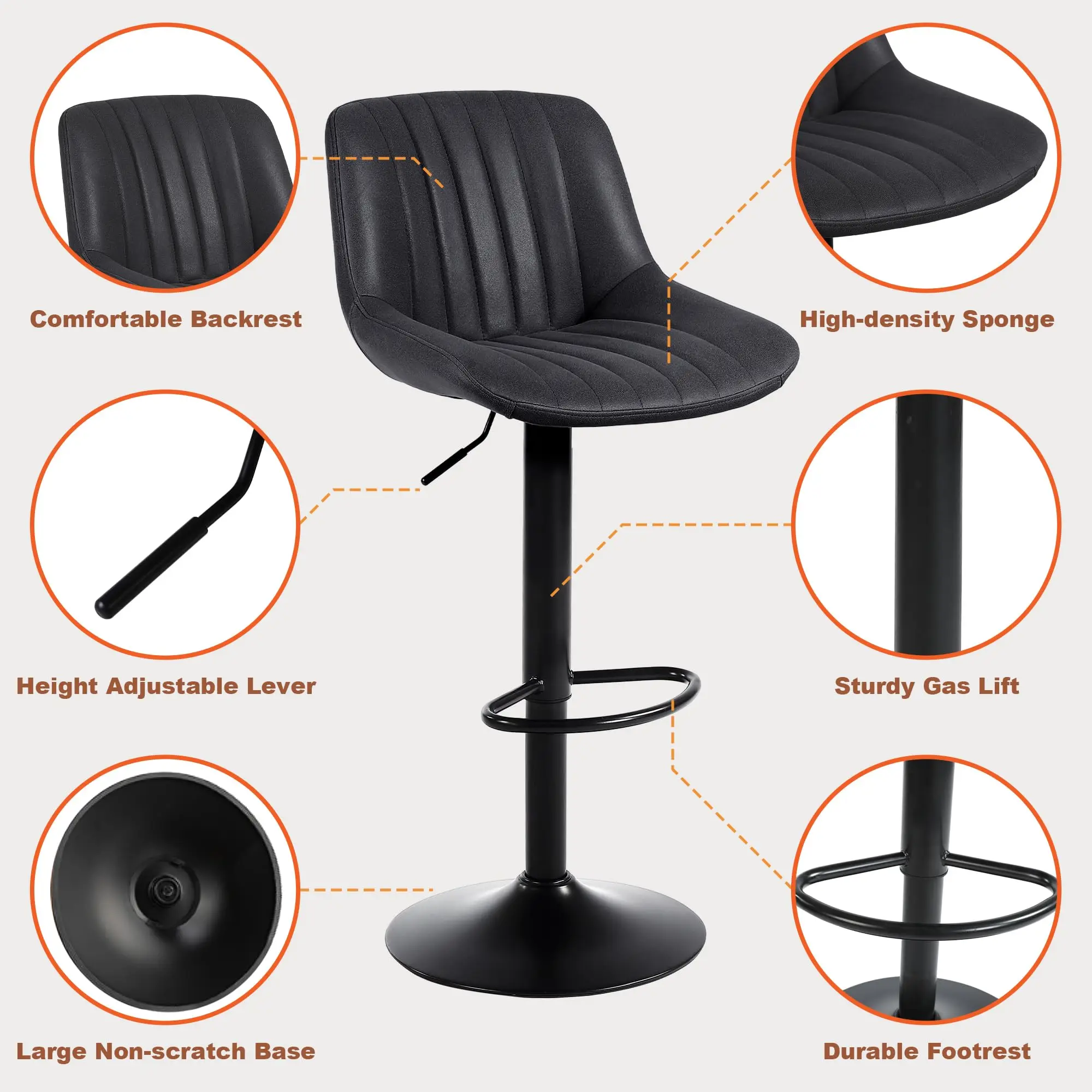 Banco de bar Ralex-chair, bancos de bar giratórios com altura de balcão e encosto, banco de bar ajustável em couro PU, preto