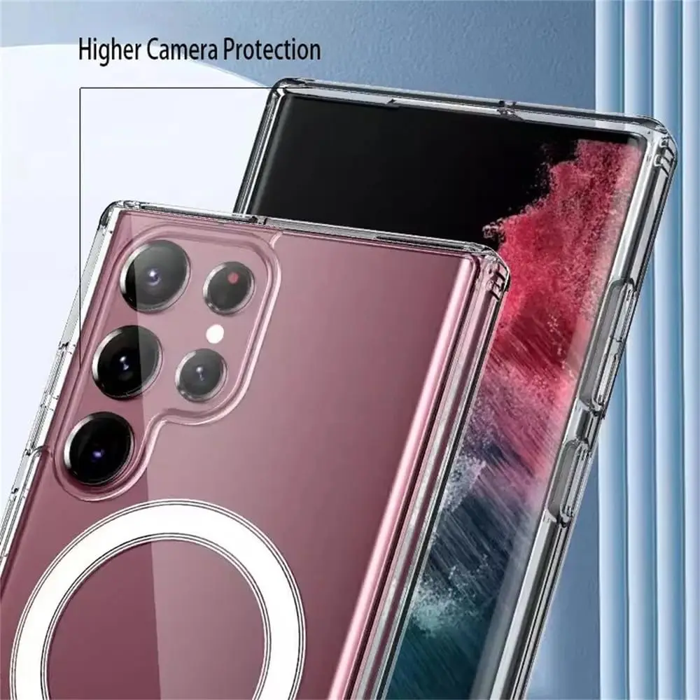 Transparente, klare, magnetische Hülle für Samsung Galaxy S24 S21 S25 S22 Plus S23 Ultra Plus, kabelloses Laden, stoßfeste Rückseite