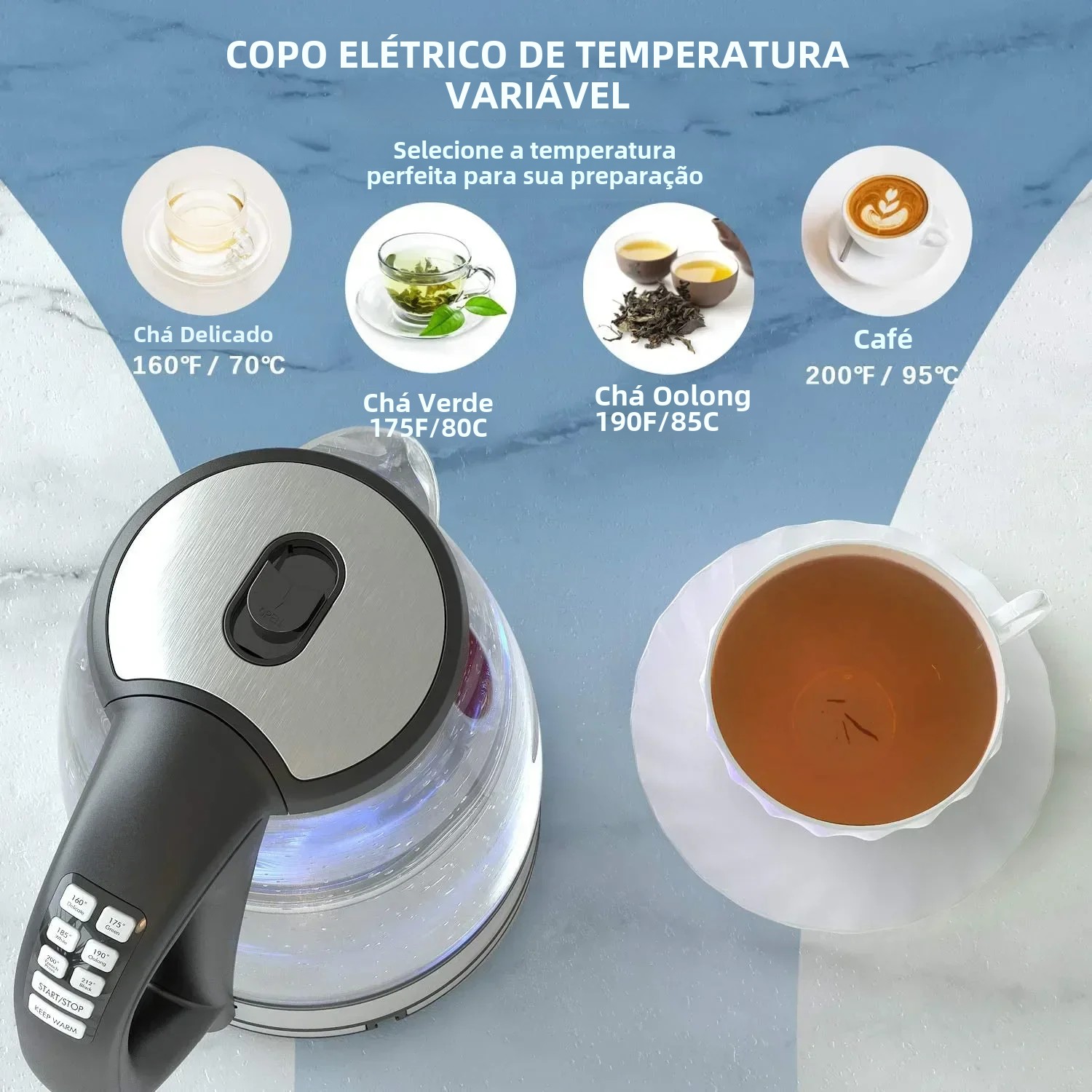 Devisib 2.0l chaleira elétrica de vidro 2200w com controle de temperatura 4 horas manter quente desligamento automático proteção contra fervura-seco para café e chá