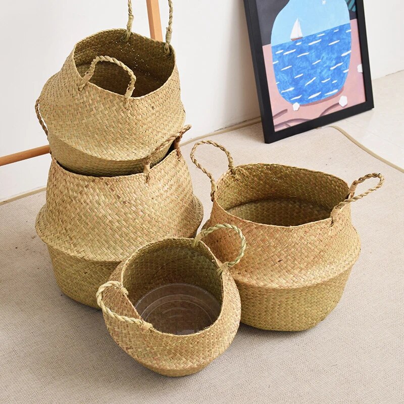 Cesta de mimbre para juguetes, organizador plegable de ratán, cesta de almacenamiento de algas marinas, cesta tejida para lavandería, maceta para plantas y flores para el hogar y el jardín