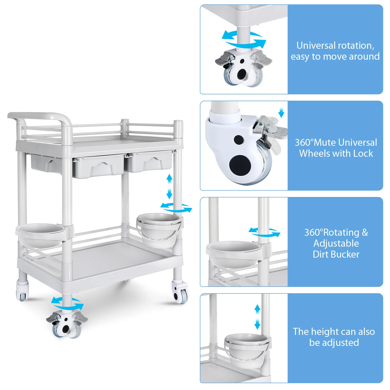 Mobile Trolley Cart, 2 Tier Heavy Duty Rolling Utility Cart with Dirt Bucket, 360° Rotate Wheels Medical Mobile Trolley Cart