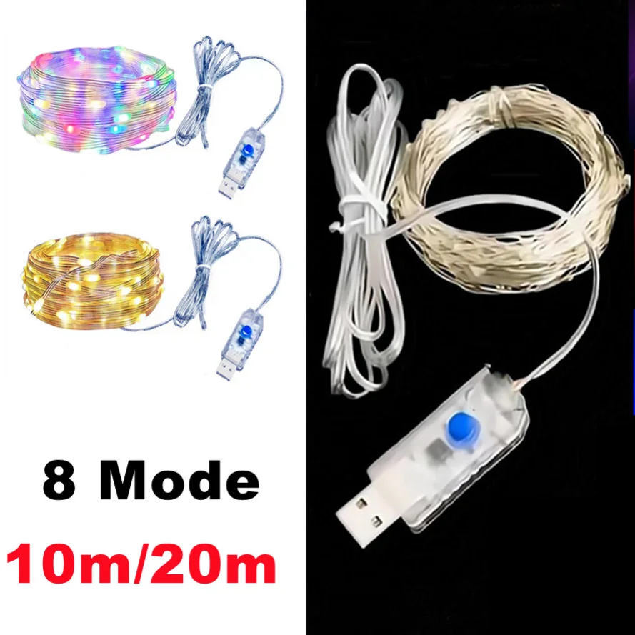 8 modos regulables alimentados por USB 5M 10M 20M LED alambre de cobre plateado luces decorativas guirnaldas de hadas de Navidad decoración del hogar