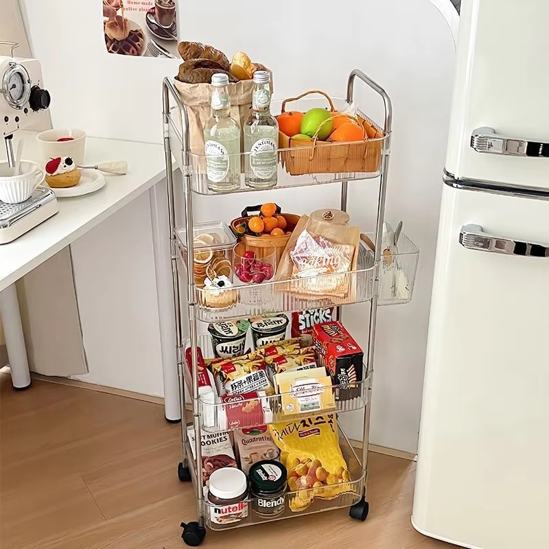 Multi-Layers Transparent Storage Rack with Wheels, Home Trolley Cart Suitable for Snacks Cosmetic Sundries and Kitchen Organizer
