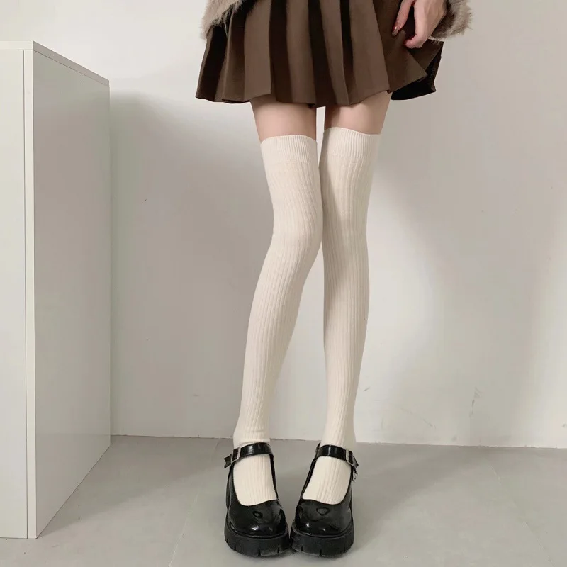 Calcetines mujer Otoño e Invierno grueso cálido Color sólido hasta la rodilla medias negro blanco rayas verticales calcetines altos hasta el muslo para mujer