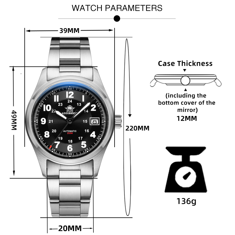 Addiesdive luxuoso relógio automático masculino nh35a relógio mecânico vidro safira 200m à prova dwaterproof água analógico relógios luminosos ad2048