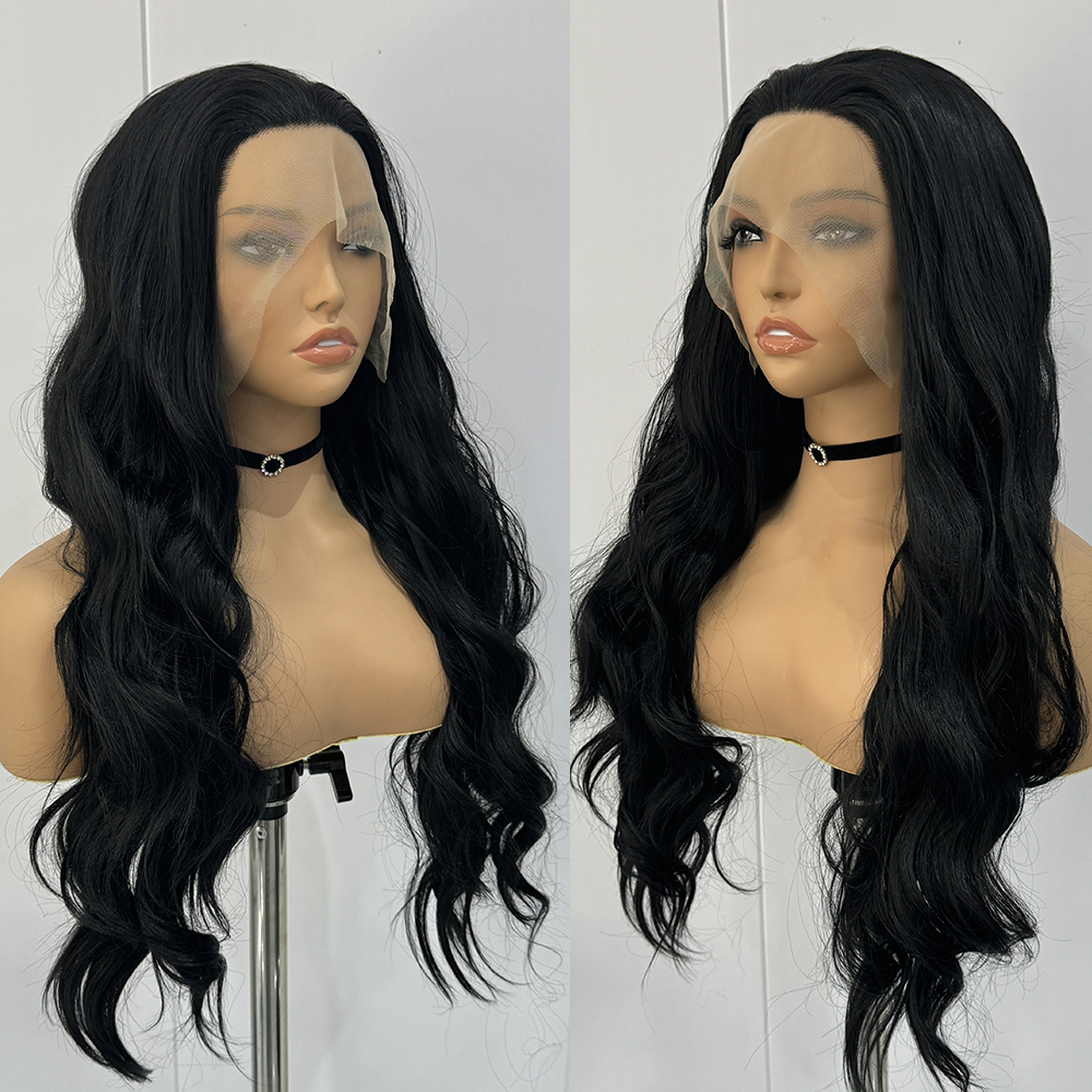 Perucas sintéticas pretas de renda para mulheres, cabelo comprido, corpo ondulado, fibra resistente ao calor, peruca sem cola, uso diário, cosplay