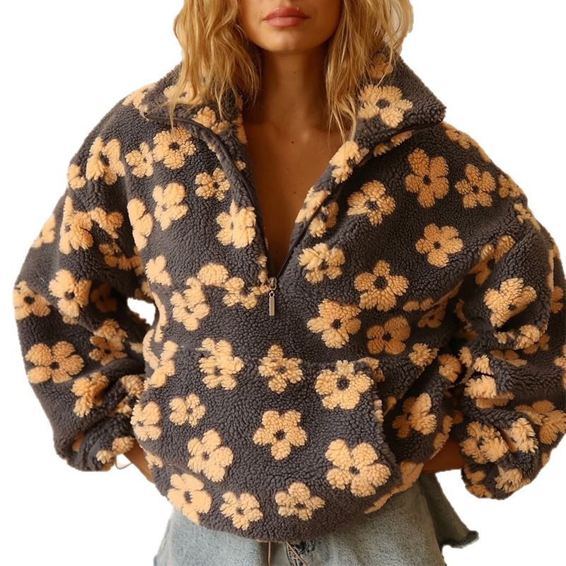 Nova moda imitação de lã de cordeiro estampa solta moletom com zíper manga comprida