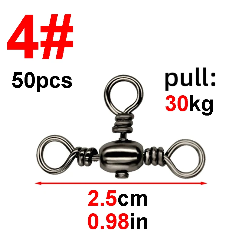 50 ชิ้น/ถุงอุปกรณ์ตกปลาสีดําชุบนิกเกิลสาม PRONG Connector T-Swivel Sub-Line Splitter ตกปลากลางแจ้ง Bazi แหวน