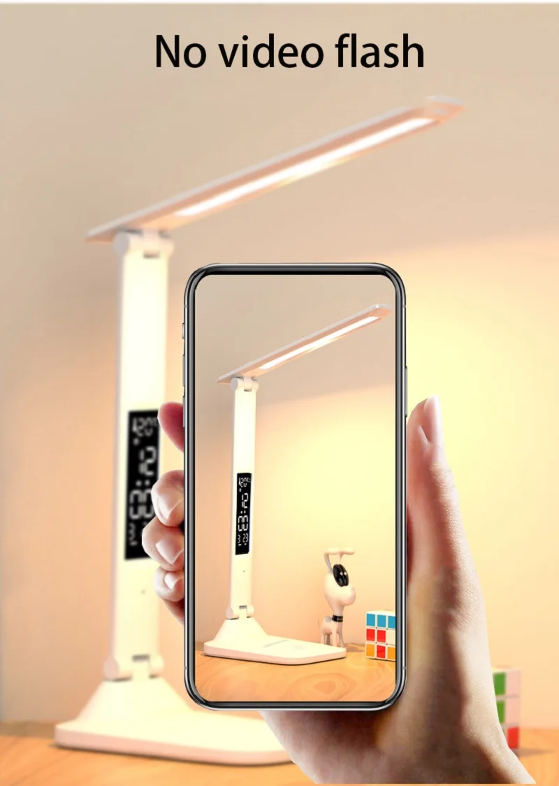 Nuova lampada da tavolo a LED Touch pieghevole USB ricaricabile con sveglia Termometro Luce notturna dimmerabile per lampada da lettura da studio da scrivania