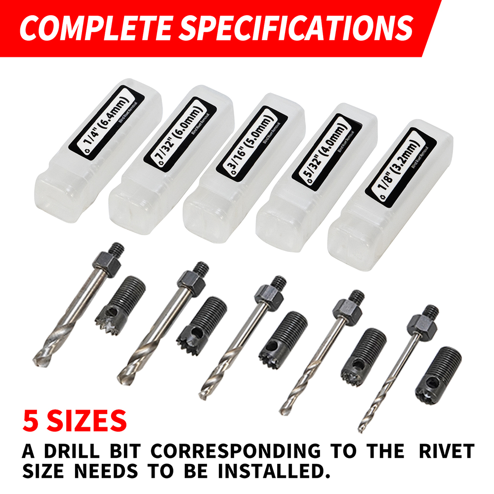 HIFESON-Ferramenta de Remoção de Rebites, Rebites Cegos, Removedor de Broca, 1/4 Adaptador Elétrico, Rebites Extrator, 3.2mm, 4.0mm, 5.0mm, 6.0mm, 6.4mm