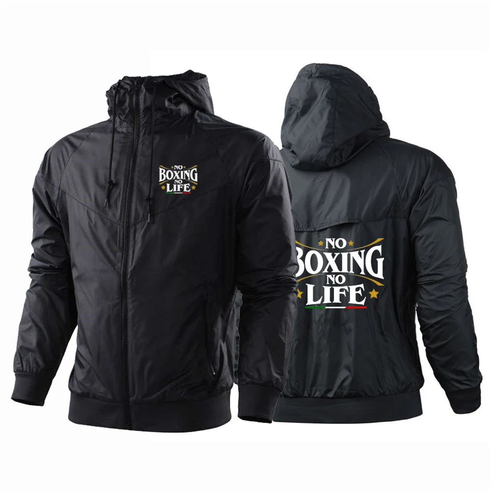 2025 No Boxing No Life Gym hombres primavera y otoño fino a prueba de viento Casual con capucha Color a juego moda estampado rompevientos abrigo