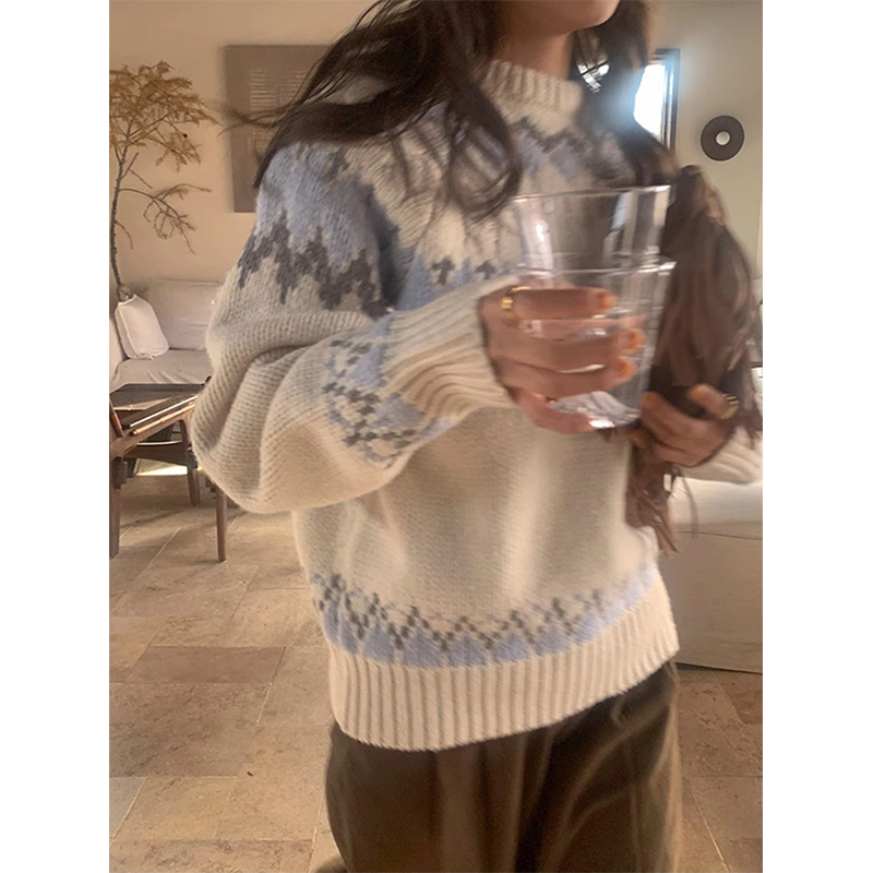 Vintage Print Pullover Frauen Japanischen Harajuku Übergroßen Gestrickte Pullover Winter Ästhetischen Langarm Jumper Koreanische Strickwaren