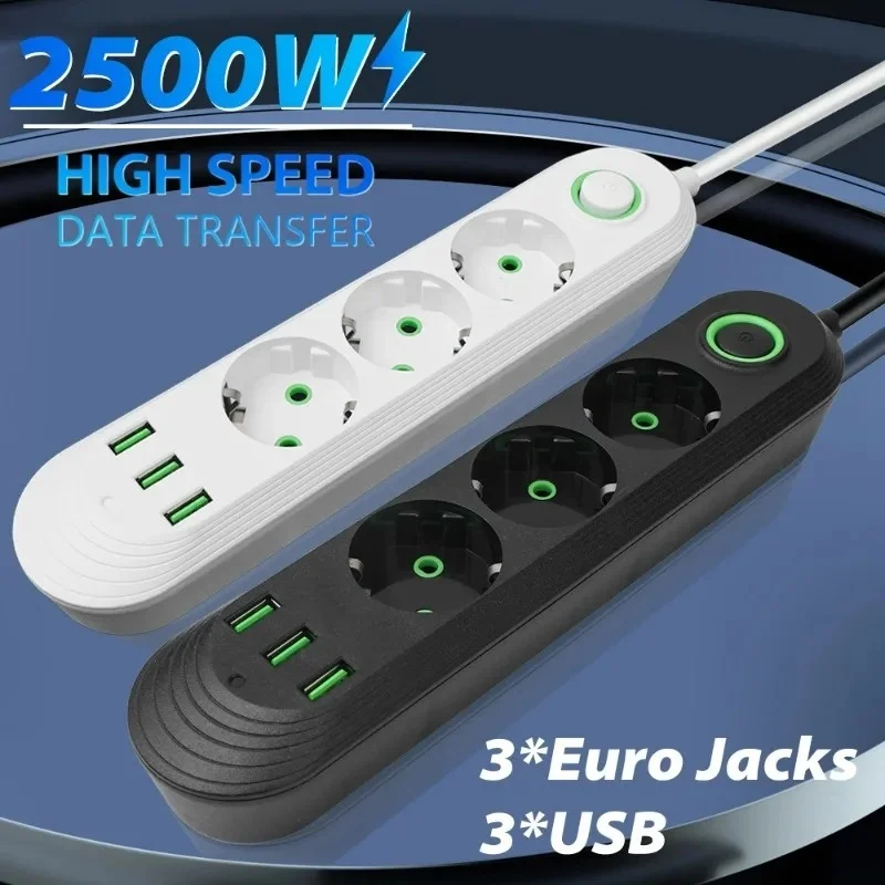 2500W EU Plug AC Outlet Multiprise Power Strip Extension Cord European Standard Socket Network Filter With USB Ports Charging