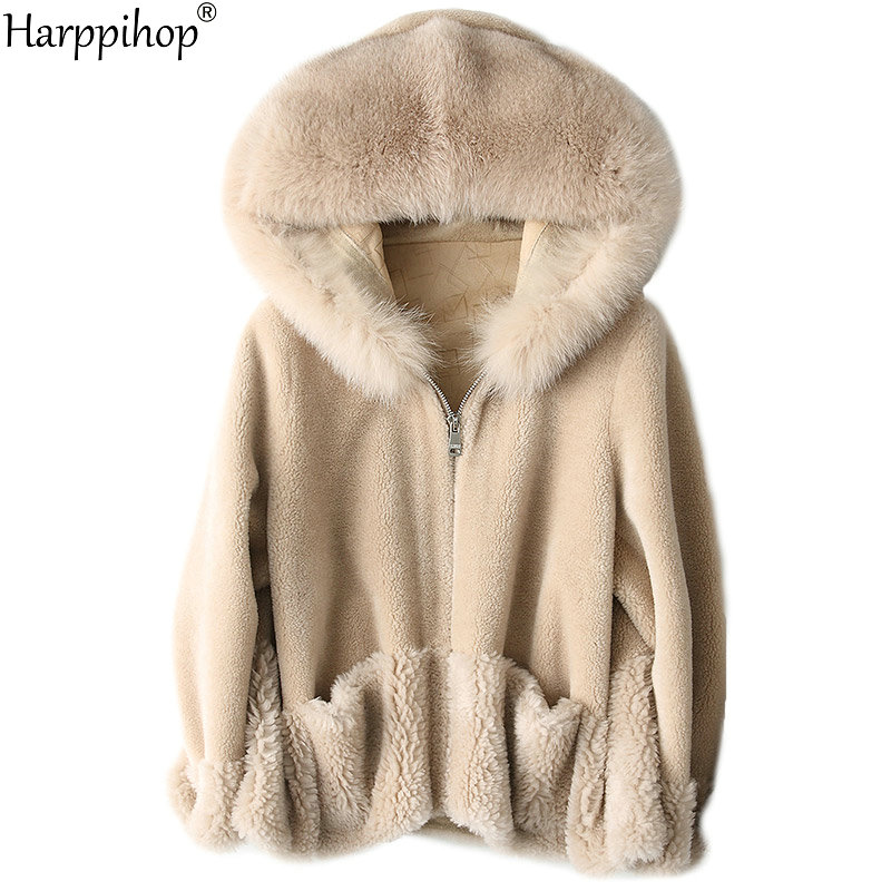 Harppihop casaco de pele de ovelha real casaco feminino inverno quente casacos de pele genuína