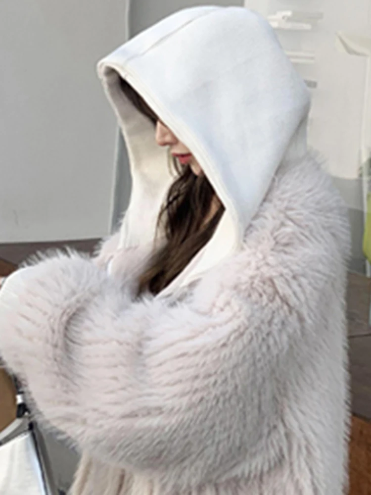 Lautaro automne hiver ample décontracté poilu Shaggy doux chaud fausse fourrure manteau femmes avec capuche fermeture éclair manches longues mode coréenne 2022