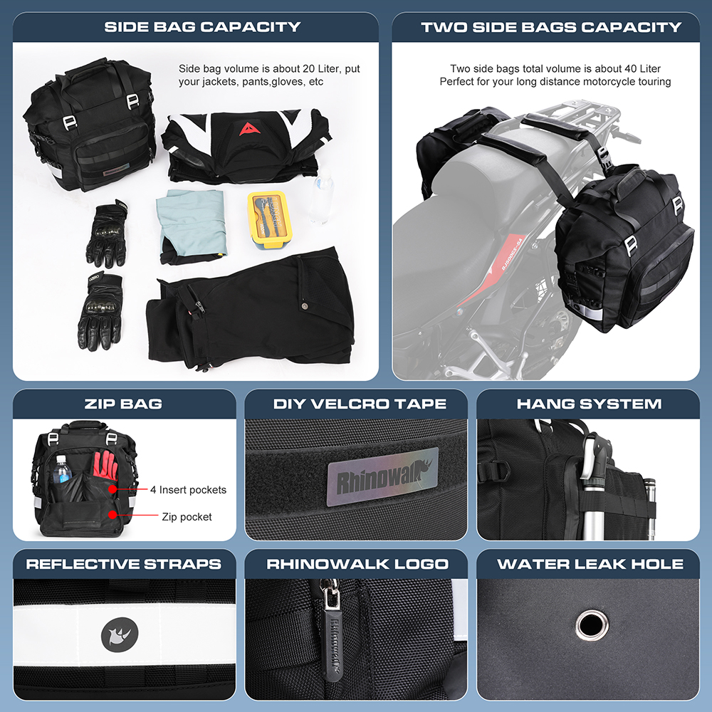Rhinowalk Motorcycle Side Bag Fully Waterproof Inside 20L Expand 30L Universal Hook Saddle Bag With Removable Motorbike Luggage