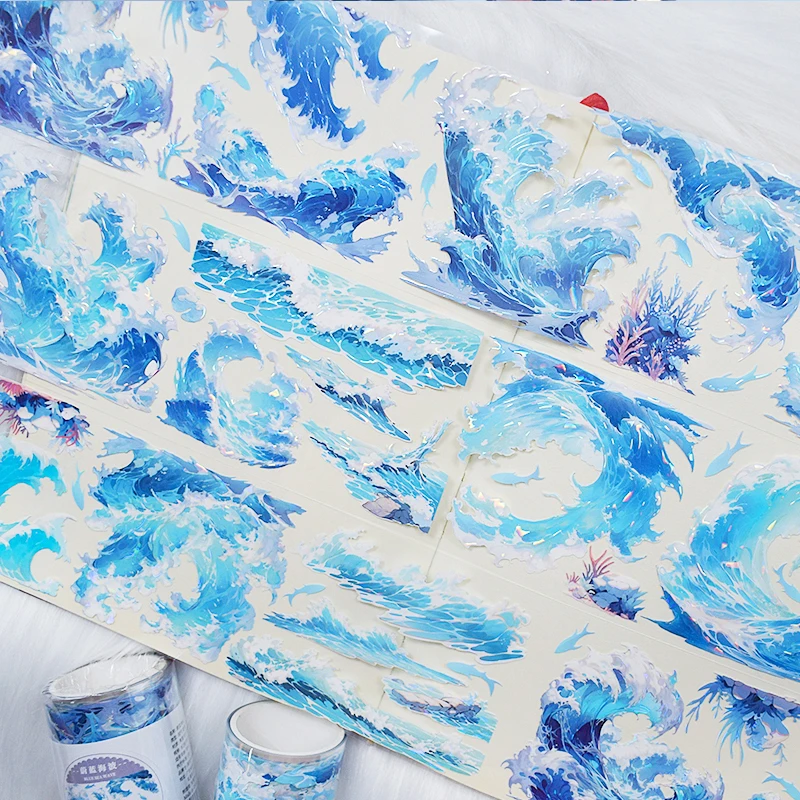 2 M/ม้วน 7 ซม.Sea Wave PET เทปเลเซอร์สีฟ้า Masking เทปสําหรับสติกเกอร์ Scrapbooking Journal ความงามเครื่องเขียน