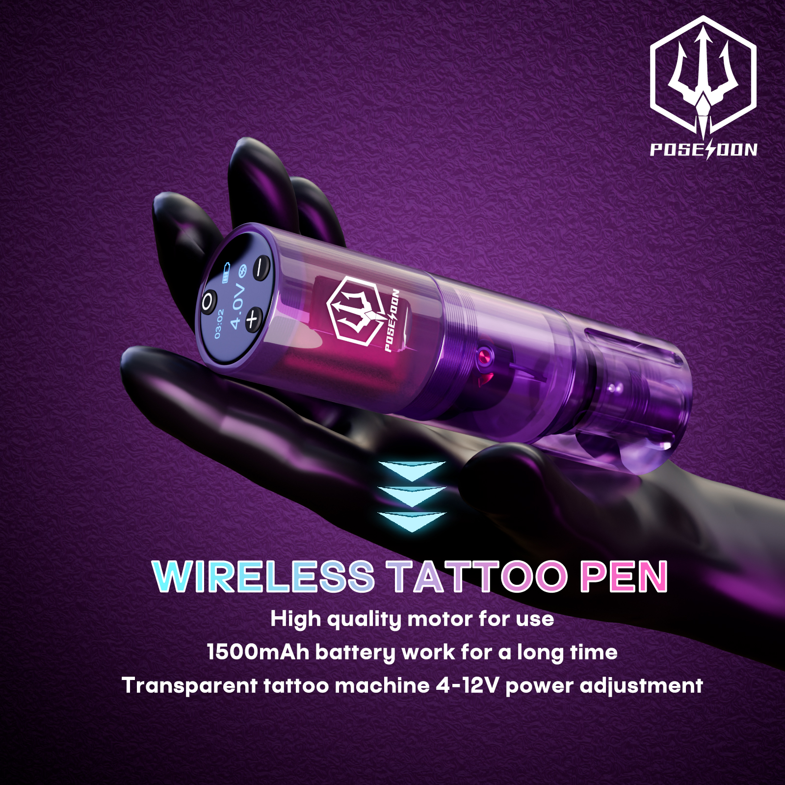 ชุดสัก POSEIDON High Power ชุดปากกาสักสําหรับแต่งหน้าถาวรสักชุดเครื่อง Hot สีม่วง Tattoo Power Supply Tattoo Gun