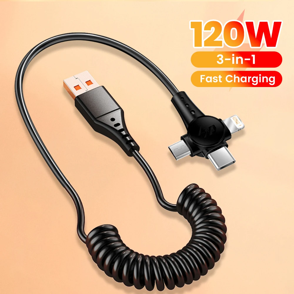 Cavo dati di ricarica rapida per telefono cellulare 3 in 1 da 120 W per iPhone Huawei Xiaomi Cavo dati retrattile a molla di ricarica super veloce