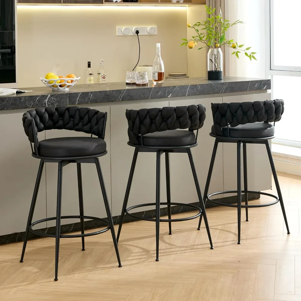 360° Swivel Bar Stools Set of 3, 28 inch Counter Height Bar Stools Modern Barstools with Woven Back and Suede Fabric, Metal