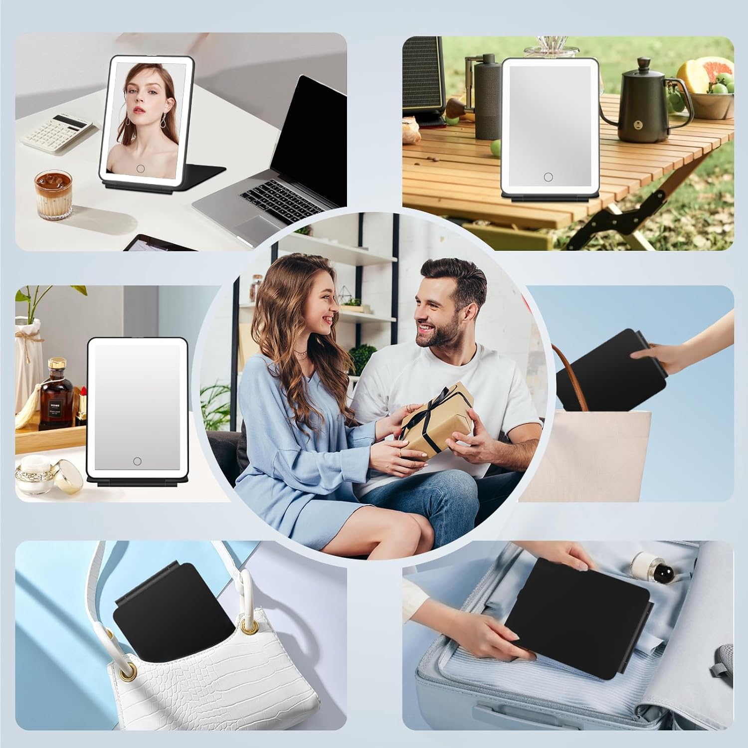 LED Foldable Travel Makeup Mirror 3 Colors Light Modes USB Rechargeable Touch Screen Portable Tabletop Cosmetic Mirror