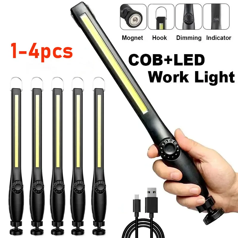 1-Paquete de 4 linternas COB + LED, luz de trabajo magnética, linterna recargable por USB, luz de inspección, lámpara de Reparación de automóviles para acampar