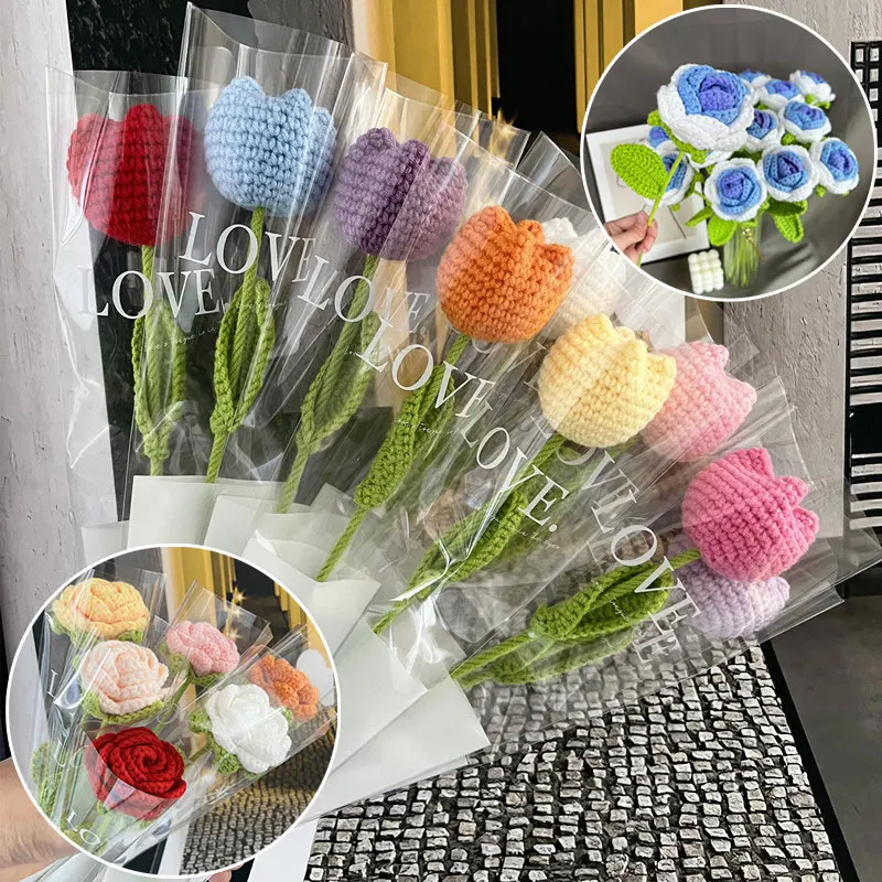 DIY 뜨게 부케 장미 튤립 꽃 부케 해바라기, 손으로 짠 가짜 꽃, 홈 테이블 크로셰 꽃 부케