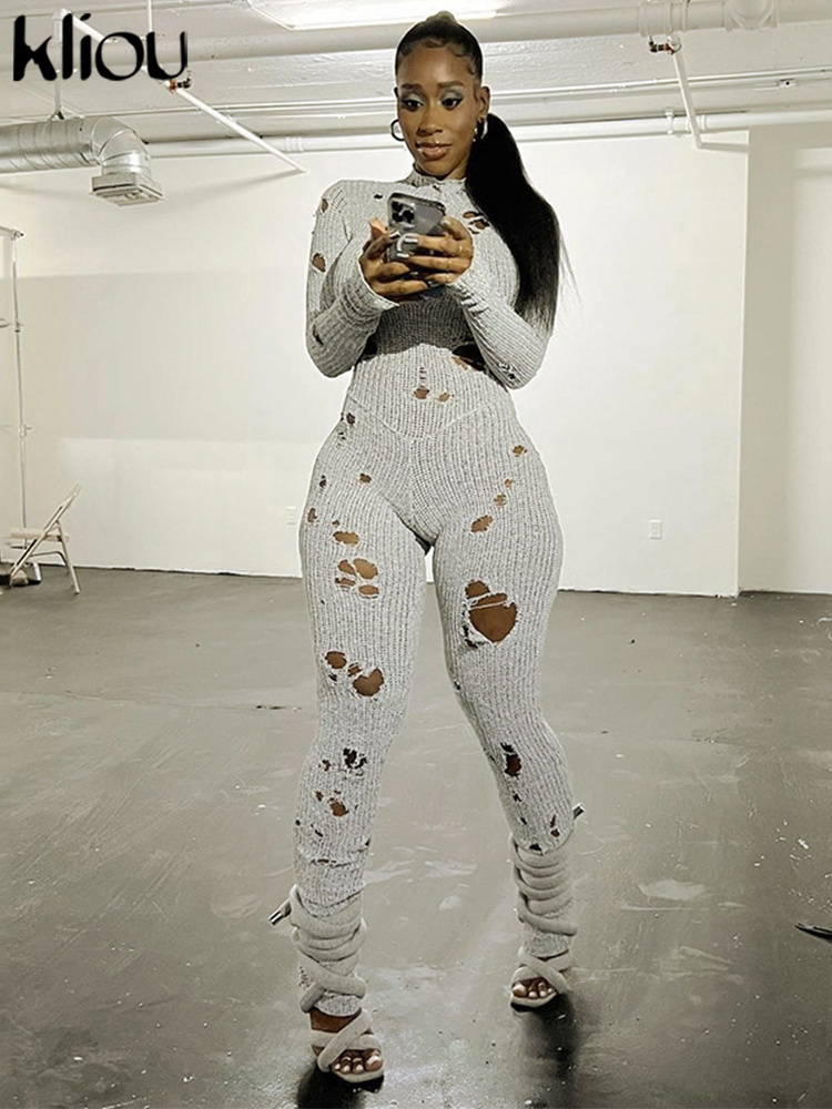 Kliou Gestrickte Zerrissene Overalls Frauen Herbst Solide Lange Hülse O-ansatz Casual Körper-gestaltung Overalls Ruch Weibliche Klassische Streetwear