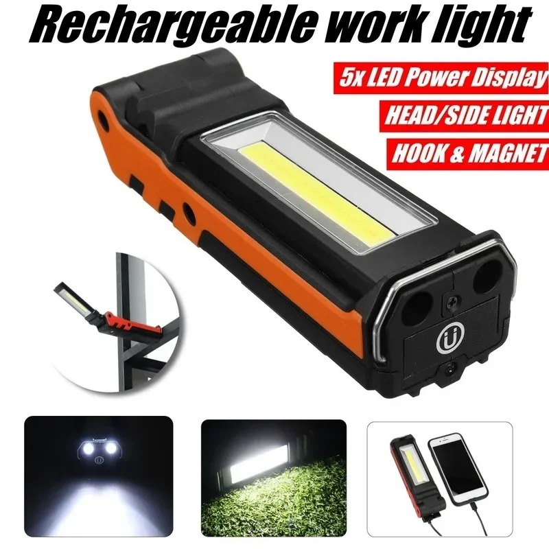 Lampa robocza LED COB, ściemnialna, ładowana przez USB, latarka LED, lampa inspekcyjna z magnetycznym haczykiem, power bank, latarka na baterię 18650