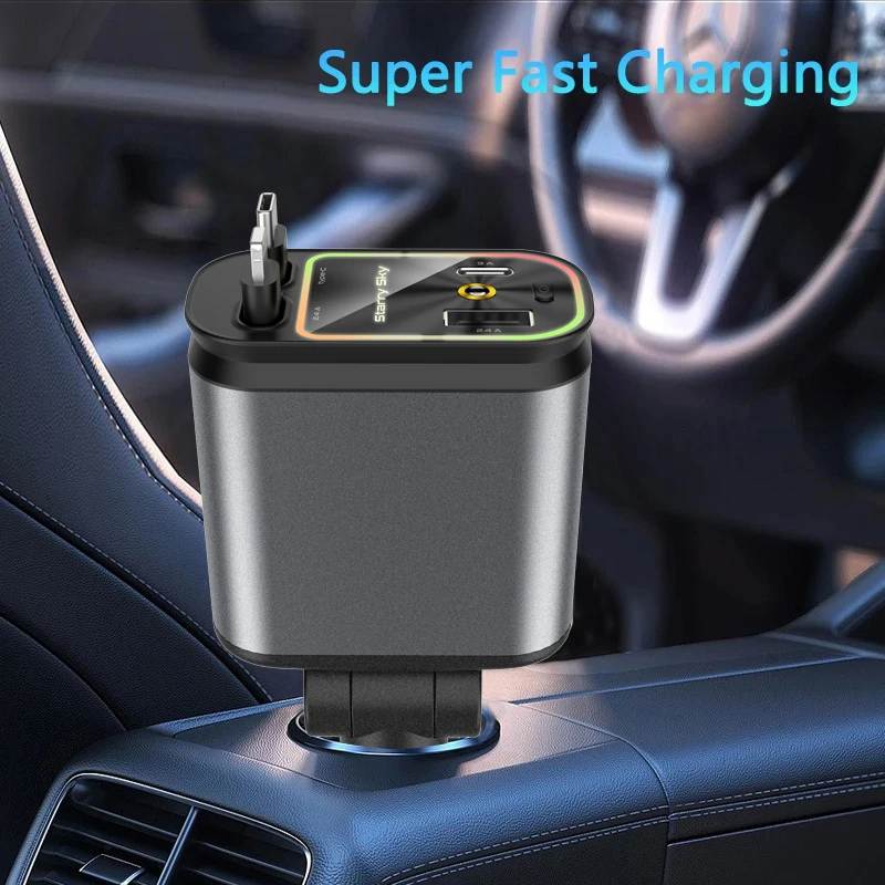 4-in-1-Autoladegerät, einziehbares Kabel, automatisches Dach, Sternenlicht, Typ C, schnelles Aufladen, Zigarettenanzünder für iPhone, Huawei, Samsung