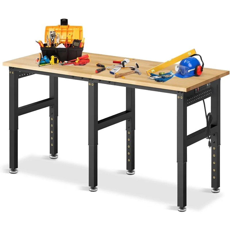 72” Adjustable Height Workbench, 5000 LBS Heavy Duty Table Rubber Wood Workstation with Power Outlet & Pegboard for Garage