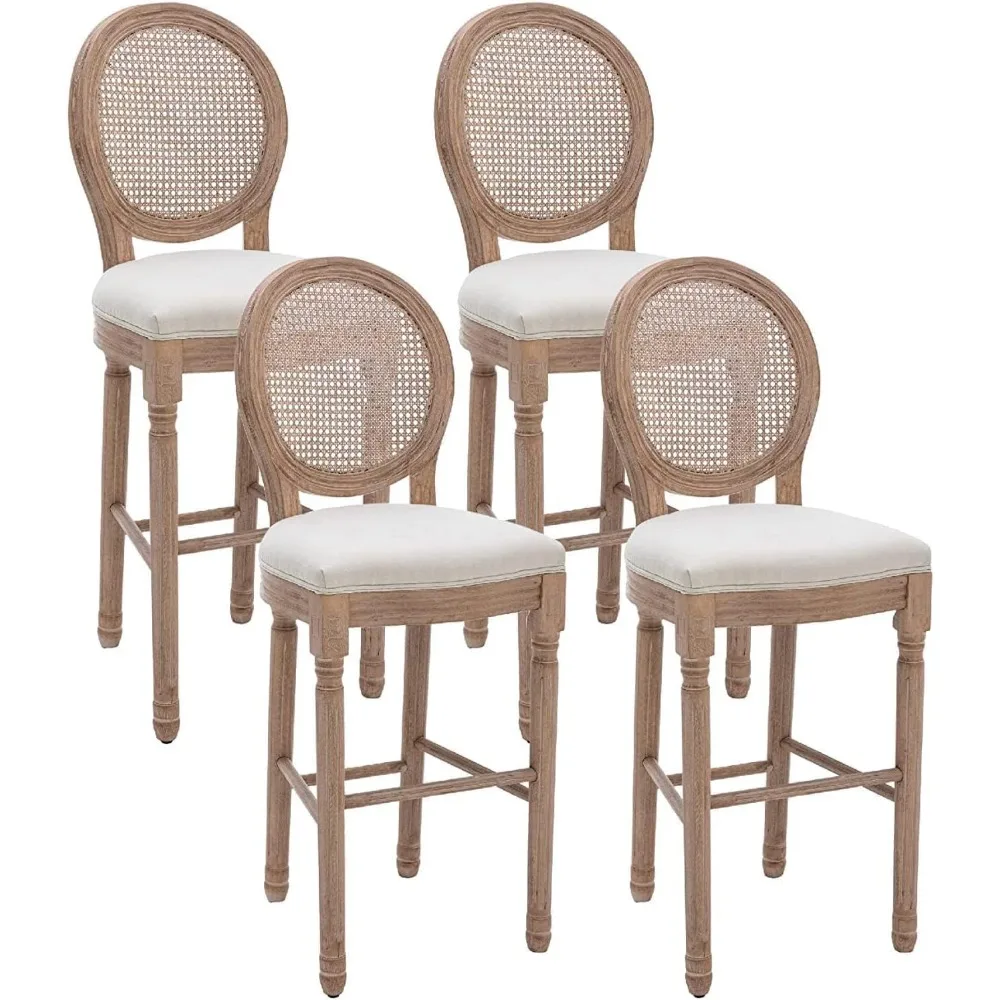 French Country Bar Stool Set of 4, Rattan Counter Height Chairs with Solid Wood Frame and Upholstered Seating, 26 Inch Bar