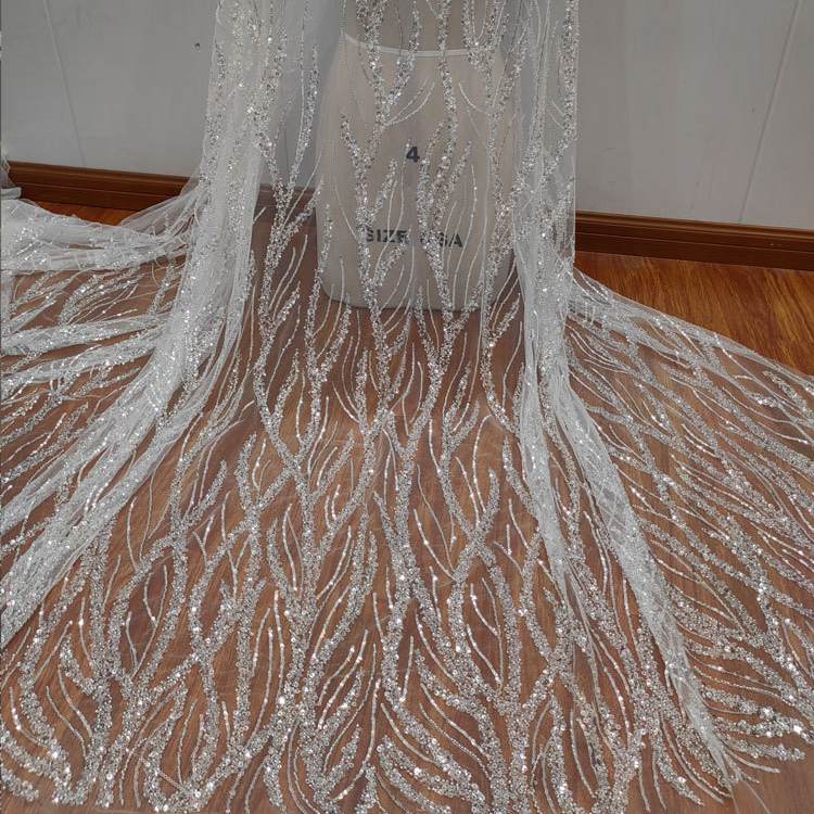Classic Silver Beaded Sequin Chain Women's Wedding Dress Mesh Gown DIY Bridal Lace Fabric