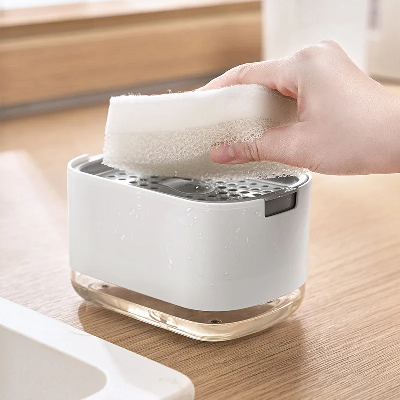 Dispensador de sabão caixa imprensa dispensador esfregando recipiente líquido cozinha banheiro automático detergente caixa espuma com suporte esponja