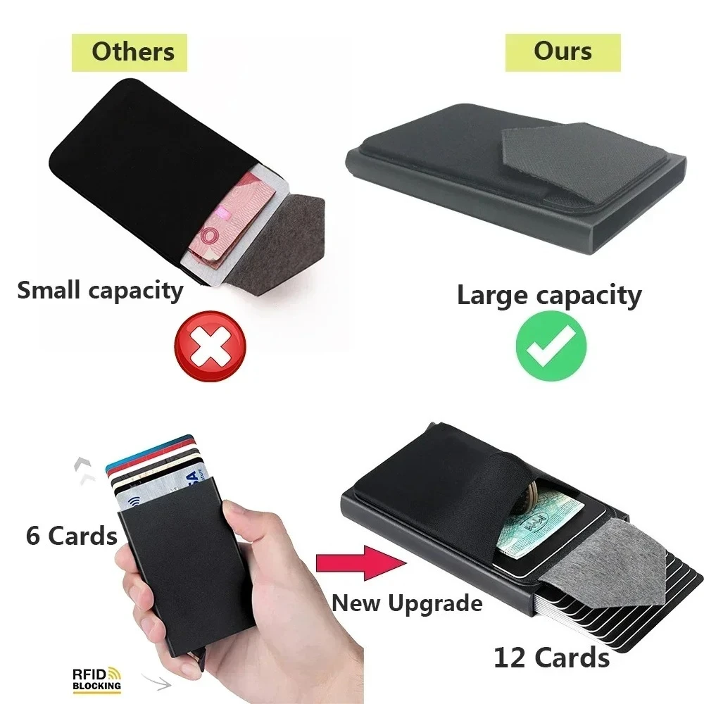 Porta carte pop-up automatico in alluminio con mini portafoglio RFID sottile da uomo con custodia posteriore elastica, porta carte di credito ID